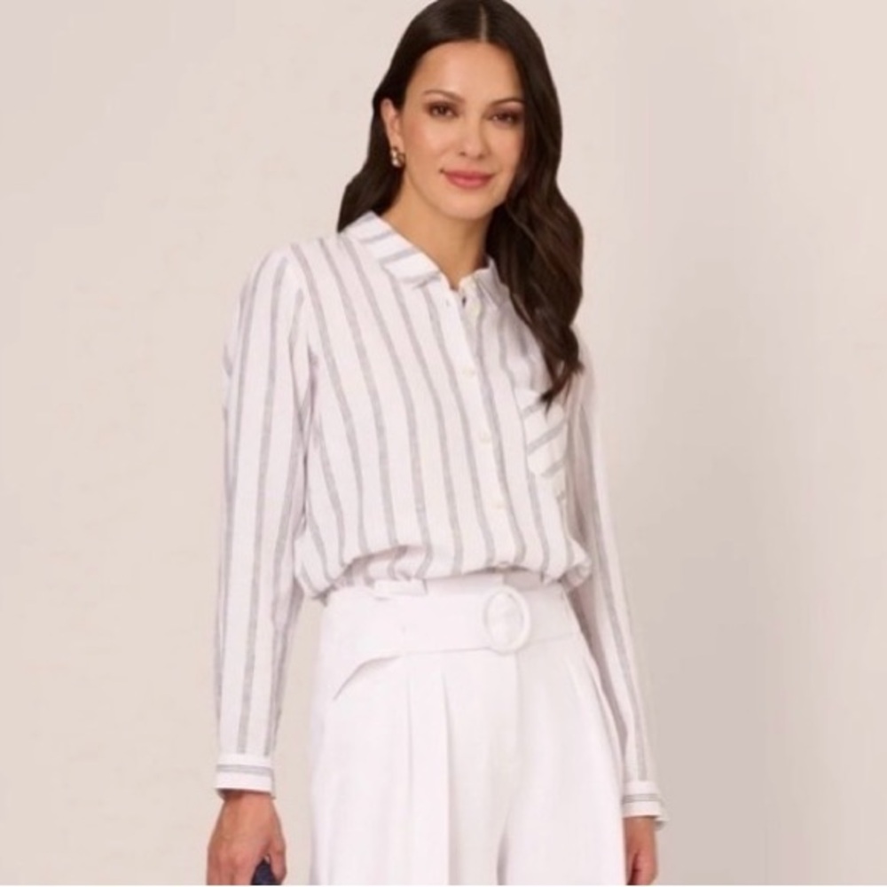 ADRIANNA PAPELL Button Down Linen Long Sleeve In white and grey stripes Top - Picture 2 of 13